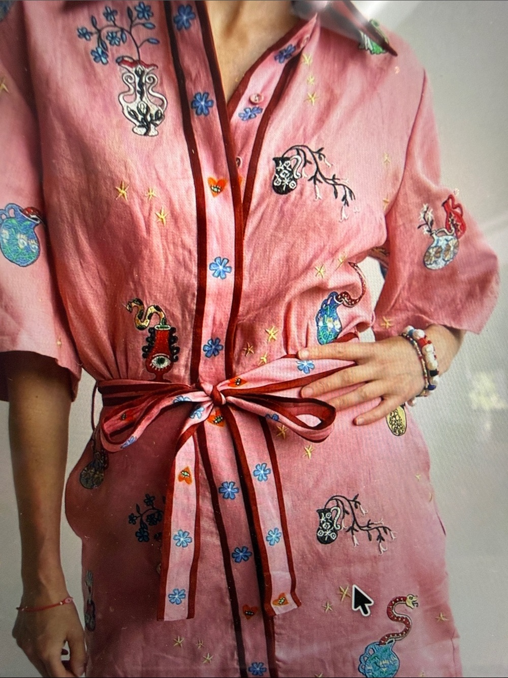 Women's Pink Embroidered Tie-Waist Sleep Shirt m